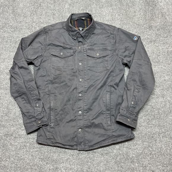 Kuhl Jacket Mens Small Gray Canvas Snap Shacket Plaid Lined Outdoor Military